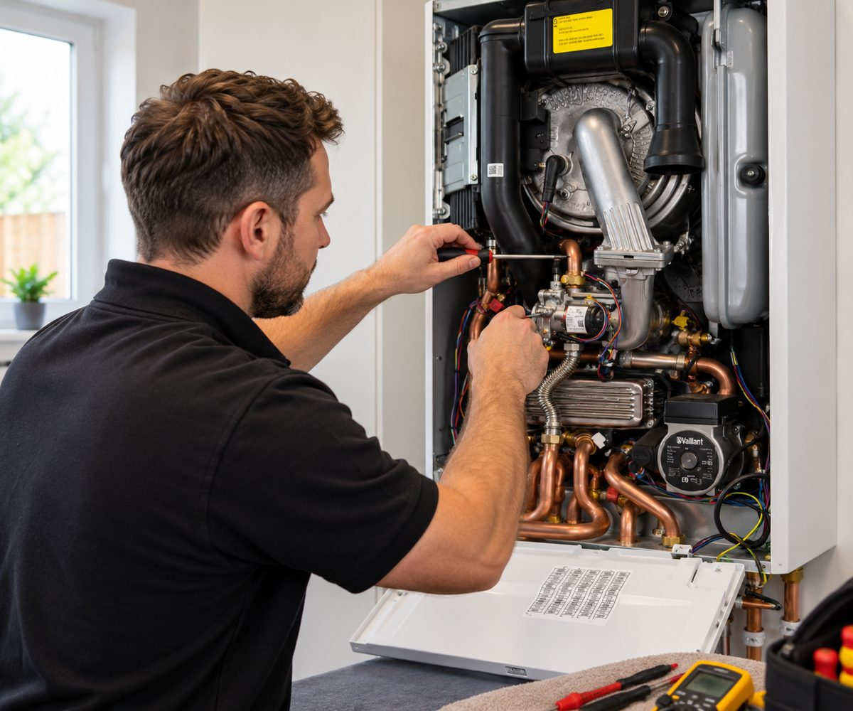 Gas Safe engineer repairing a Vaillant boiler