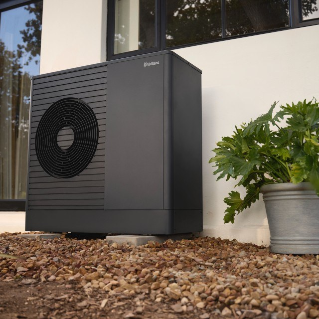 Vaillant aroTHERM plus air source heat pump outside a home