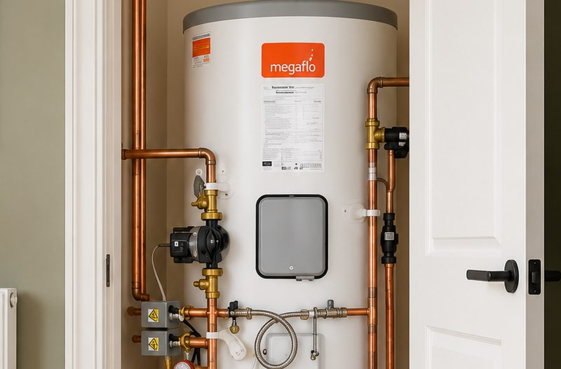 Unvented Megaflo hot water cylinder in an airing cupboard