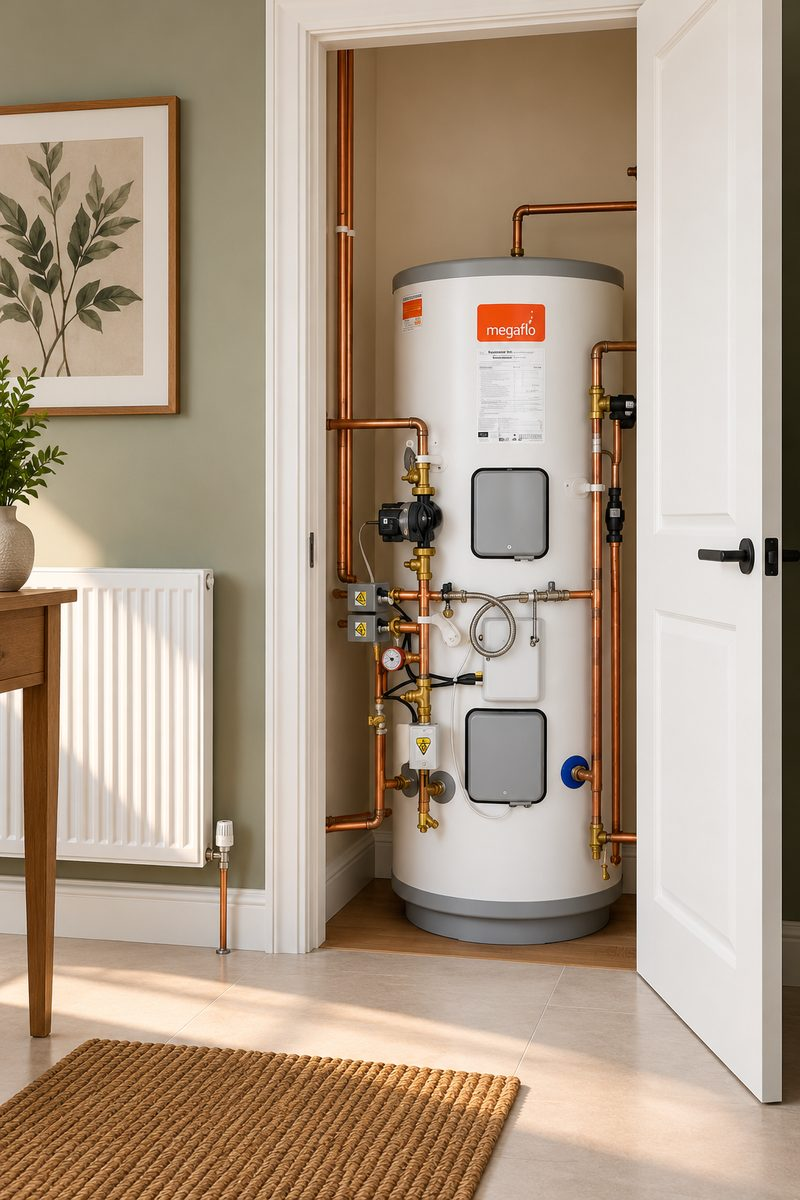 Unvented Megaflo hot water cylinder in an airing cupboard