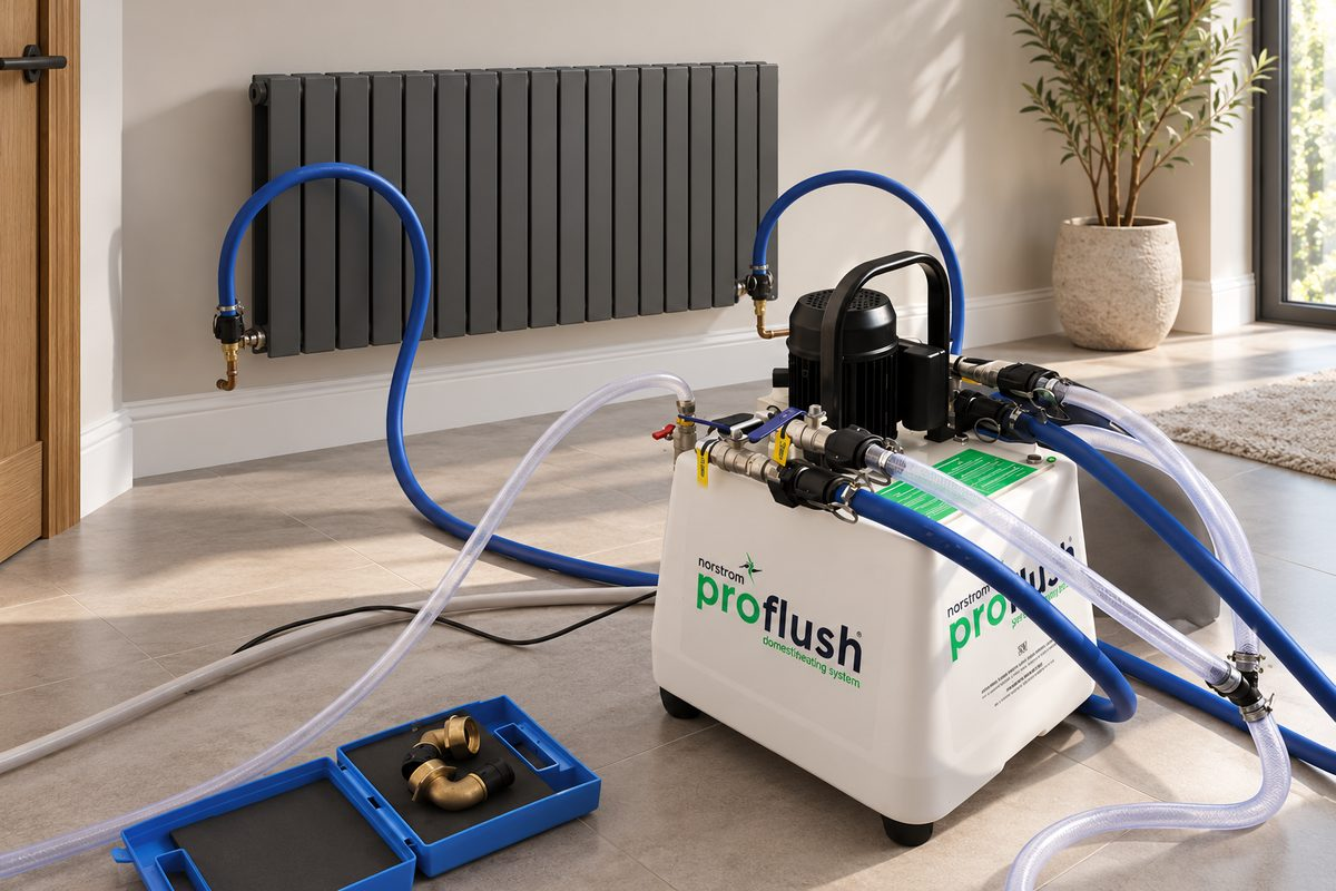 Power flushing machine connected to a radiator